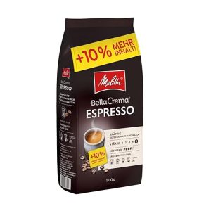 Melitta BellaCrema Espresso Ganze Kaffee-Bohnen 1,1kg, ungemahlen, Kaffeebohnen für Kaffee-Vollautomat, kräftige Röstung, geröstet in Deutschland, Stärke 5