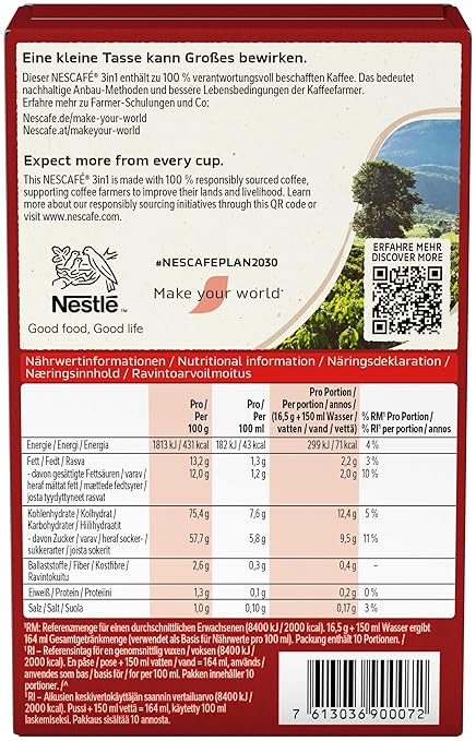 NESCAFÉ 3-in-1 Getränkepulver-Sticks, löslicher Bohnenkaffee mit Creamer & Zucker, Instant-Kaffee aus erlesenen Kaffeebohnen, koffeinhaltig, 8er Pack (8 x 10 -Sticks à 16,5g) – Bild 5