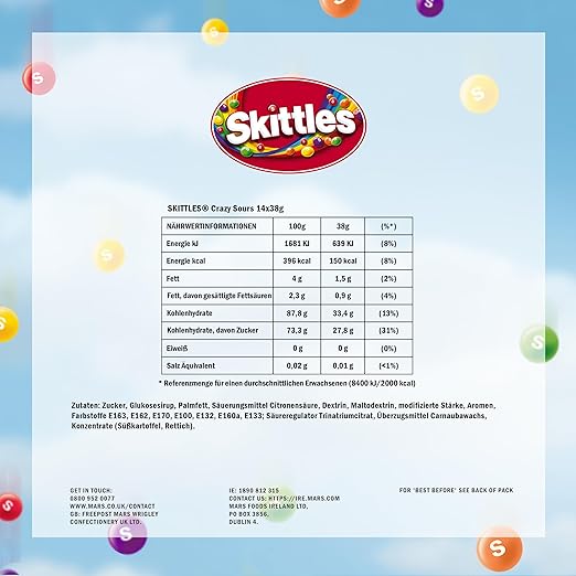 Skittles Crazy Sours, Fruchtbonbons Großpackung 14 x 38, Tüten mit Süßigkeiten, Saure Kaubonbons mit Fruchtgeschmack als Candy, Vegane Snacks (532g) – Bild 4