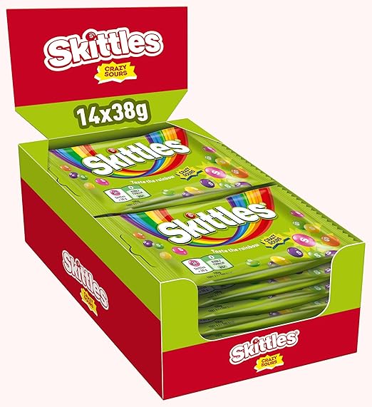 Skittles Crazy Sours, Fruchtbonbons Großpackung 14 x 38, Tüten mit Süßigkeiten, Saure Kaubonbons mit Fruchtgeschmack als Candy, Vegane Snacks (532g)