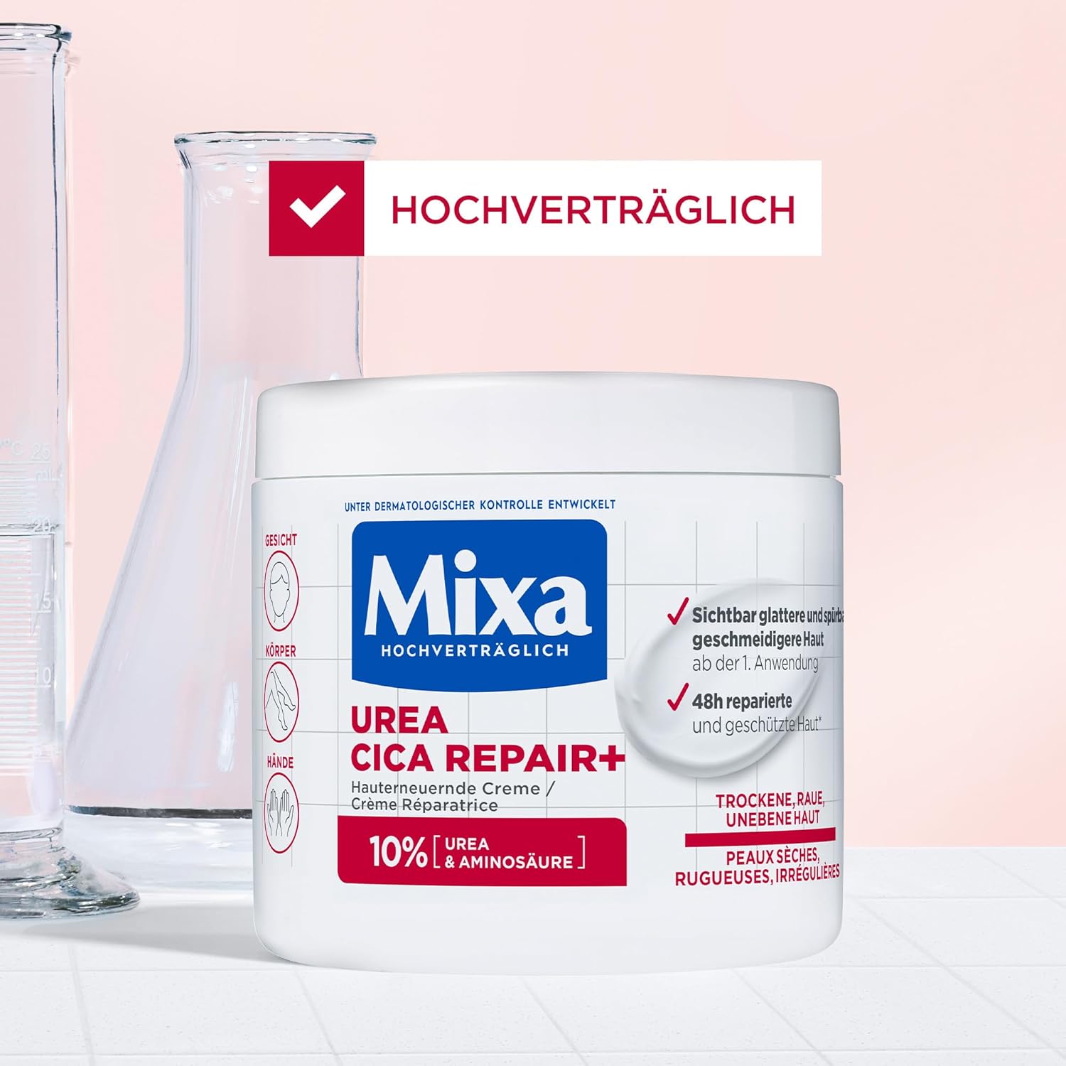 Mixa Creme für trockene und rissige Haut, Feuchtigkeitspflege für den Körper, Hände und Gesicht, Mit Urea und Niacinamide, Urea Cica Repair + Hauterneuernde Creme, 1 x 400 ml – Bild 2