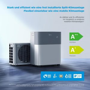 Midea Portasplit Mobile Wärmepumpe, Klimaanlage, Kühlen A++/Heizen A+, 12000 BTU 3, 5kW, für Räume bis zu 42 m² / 105 m³, nur 39 dB(A) im Silent-Modus [Energieklasse A++]