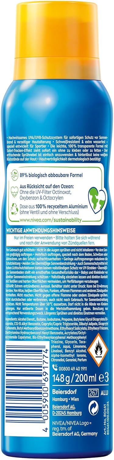 NIVEA SUN UV Dry Protect Sport Sonnenspray LSF 50, 100% transparenter und erfrischender Sonnenschutz, schweißresistente & extra wasserfeste Sonnencreme mit LSF 50, 200 ml – Bild 2