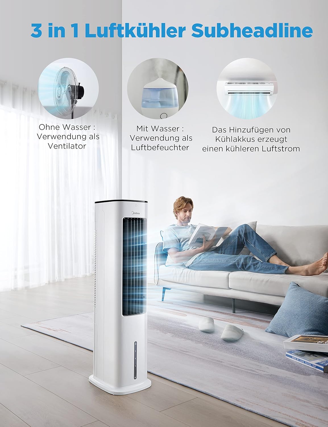 Midea Silent Air Cooler Pro 4-in-1 Mobile Klimaanlage Leiser:Luftkühler,Turmgebläse,Luftbefeuchter und Luftreiniger,mit Fernbedienung,5L Wassertank,355m³/h Luftdurchsatz,55W,LED-Display,Timer,Weiß – Bild 8