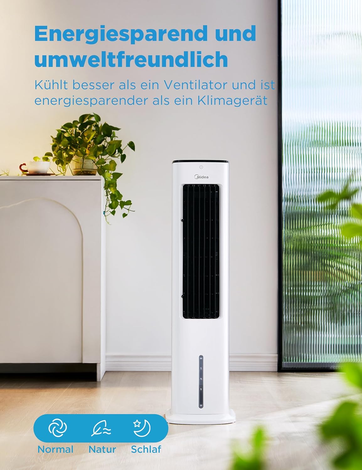 Midea Silent Air Cooler Pro 4-in-1 Mobile Klimaanlage Leiser:Luftkühler,Turmgebläse,Luftbefeuchter und Luftreiniger,mit Fernbedienung,5L Wassertank,355m³/h Luftdurchsatz,55W,LED-Display,Timer,Weiß – Bild 6
