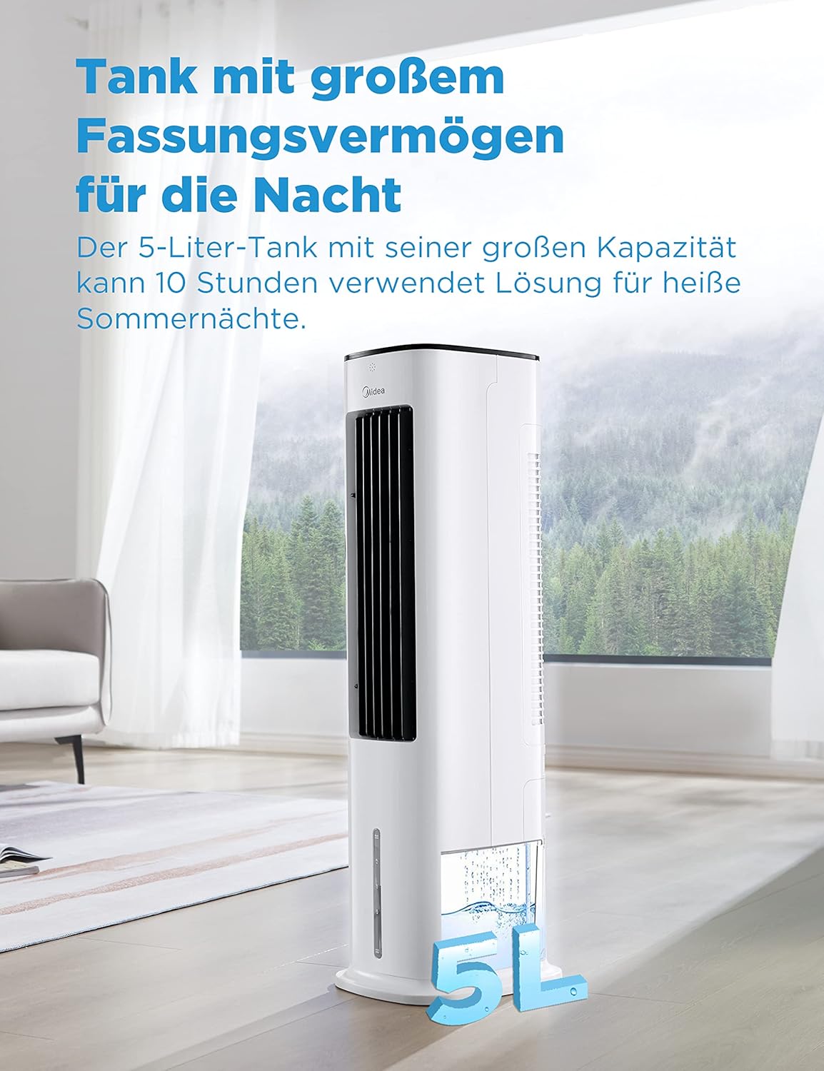 Midea Silent Air Cooler Pro 4-in-1 Mobile Klimaanlage Leiser:Luftkühler,Turmgebläse,Luftbefeuchter und Luftreiniger,mit Fernbedienung,5L Wassertank,355m³/h Luftdurchsatz,55W,LED-Display,Timer,Weiß – Bild 7