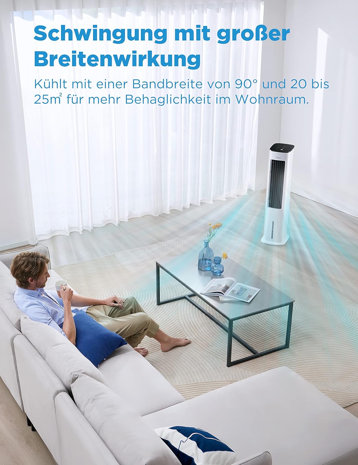 Midea Silent Air Cooler Pro 4-in-1 Mobile Klimaanlage Leiser:Luftkühler,Turmgebläse,Luftbefeuchter und Luftreiniger,mit Fernbedienung,5L Wassertank,355m³/h Luftdurchsatz,55W,LED-Display,Timer,Weiß – Bild 5